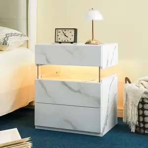 LED Nightstands 3 Drawer Dresser for Bedroom End Table with Acrylic Board LED Bedside Tables Modern Marble Design 15.43 lbs Fire-Resistant PVC Material Multi-Color RGB LED Light with Remote Control Modes