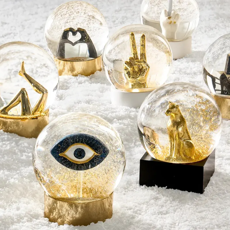 Z Gallerie Luxe Decorative Glossy Glass Snow Globe Set - Unique Decor Whimsical Gifts with Shopping, Lips, Carousel, Evil Eye Symbolism, Playful Legs Art, High-Gloss Finish, Swirling Glitter - Elegant Bar Cart Vanity Decor Adds Sparkle and Movement