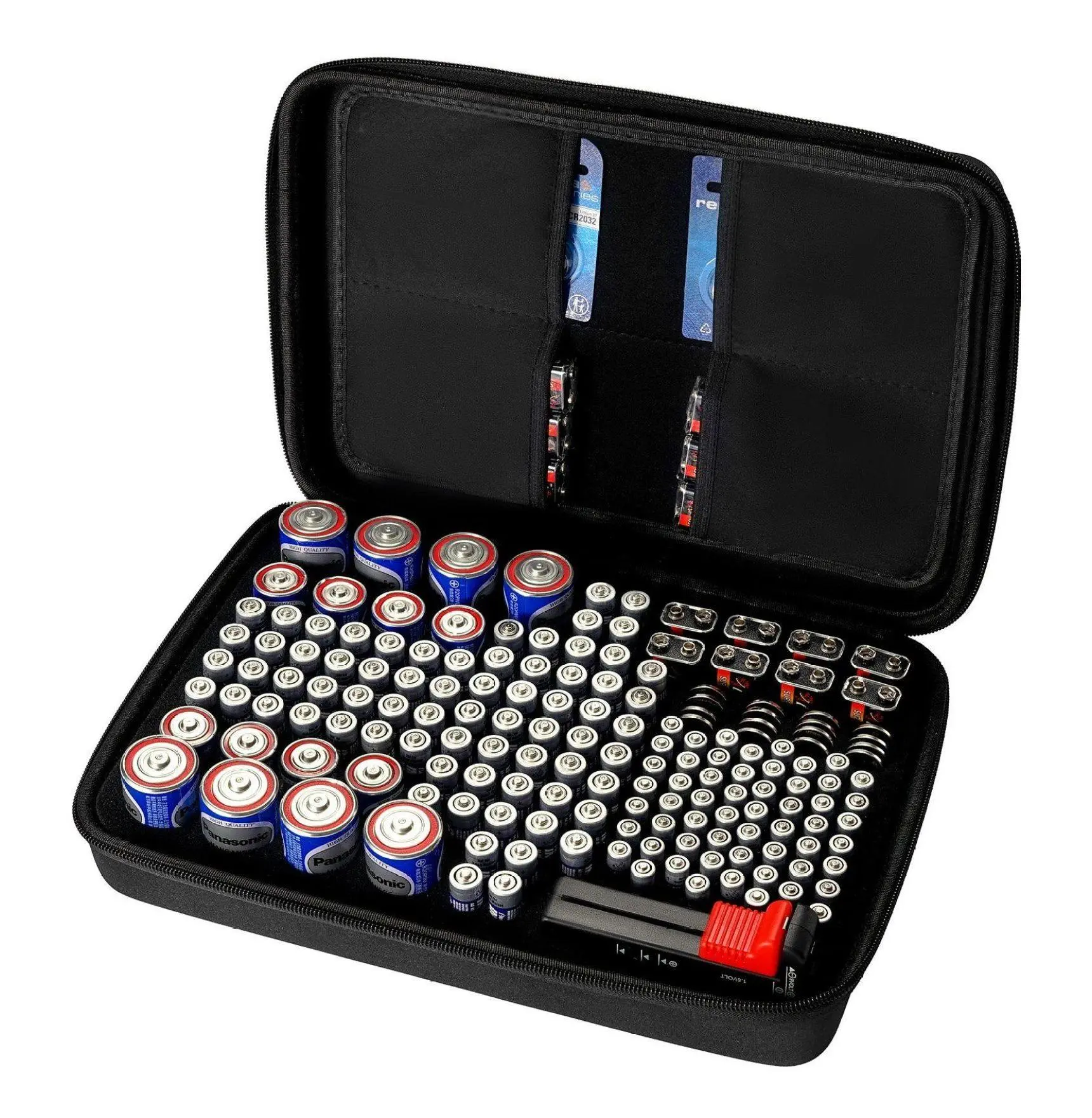 Battery Organizer Storage Box, 167 Capacity with BT-168 Tester, AA AAA C D 9V Button Cell Holder, Waterproof Case with Zipper, Black Default