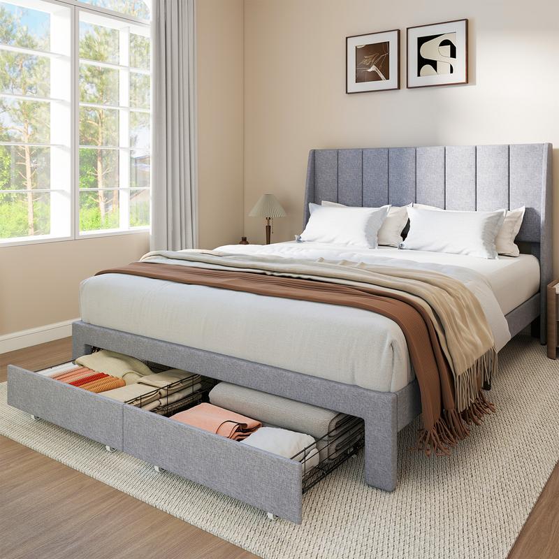 Upholstered Bed Frames With 2 Storage Drawers，Channel Tufted Headboard,Fabric Wrapped Legs,Elegant Platform Bed With Ample Underbed Storage