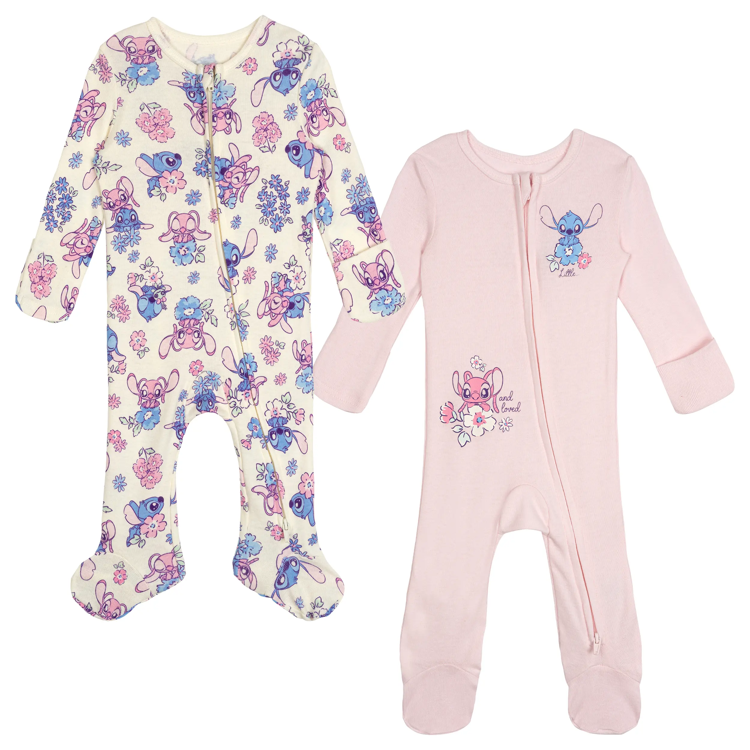 Disney Lilo & Stitch Baby Girls' 2-Pack Allover Print Ribbed Zip-Up Coveralls Angel Pink Newborn to Infant