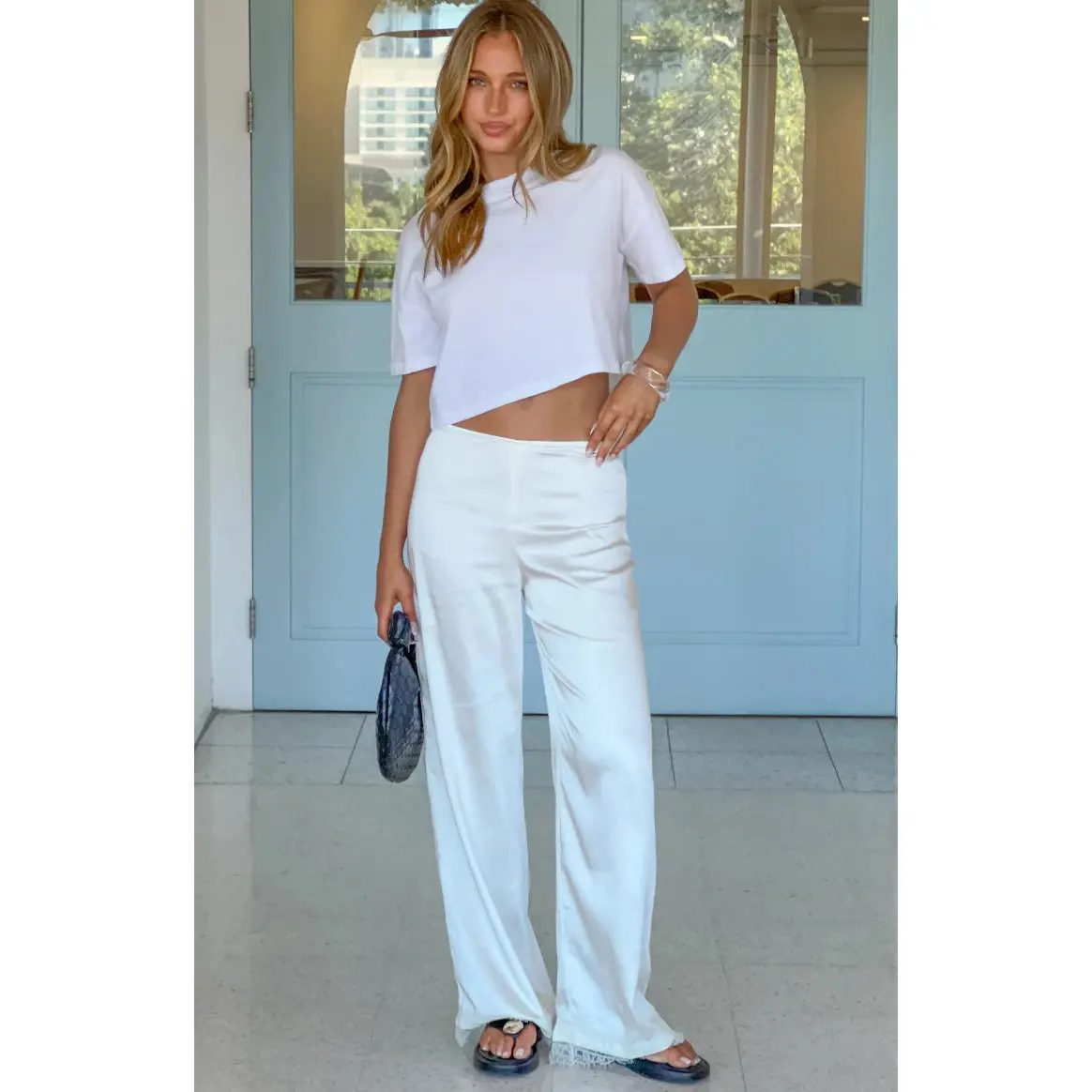 Orla Ivory Satin Straight Leg Lace Trim Pants