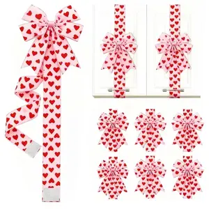Valentine's Day Heart Print Fabric Bow Tie Set, Heart Ribbon Bows, Pre-Made Bow Shape, Modern Cabinet Door Decor, Easy Peel & Stick
