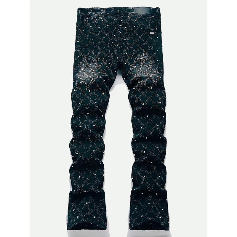 Y2K Men's Shiny Rhinestone Embellished Stretch Slim-Fit Jeans, Casual Street Style Hip-Hop Skateboarding Rap Pants, Machine Washable - All-Season Wear