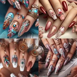 96pcs (4Pack) Press On Almond Nails with Mixed Color Mandala Patch, Acrylic False Nails with Retro Feather Almond Shape, Bohemian Style Glossy Finish, Suitable for Women, Daily And Party Holiday Use