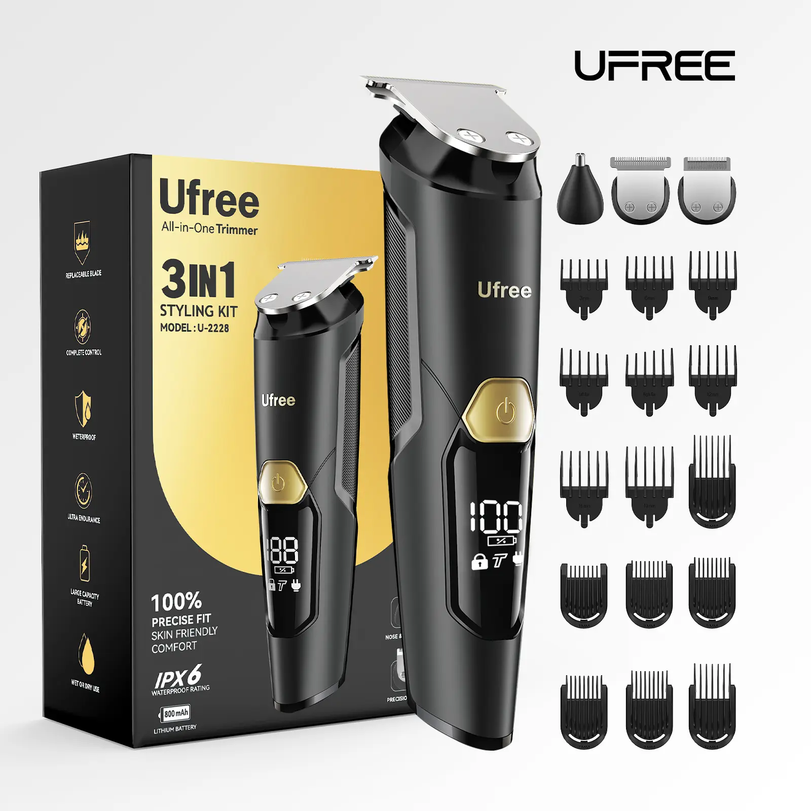 Ufree 3-in-1 Rechargeable Beard Trimmer Set for Men - IPX6 Waterproof Shaving Head, Wireless Haircut Tool, USB Fade Clipper, Type-C Body Grooming Kit, Christmas Gift