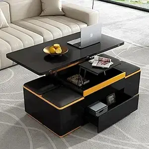 Lift Top Coffee Table, Modern Center Table with 4 Storage Ottoman Stools and Foldable Top for Living Room(Black)