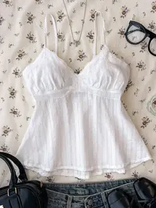 Girls' Spaghetti Strap Lace Sleeveless Camisole, Elegant Solid Color Lace Trim Top for Summer, Vacation, Casual & Home Wear, BM Style