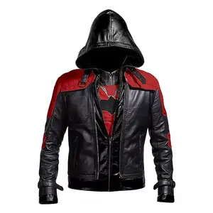 Black Hood Jacket Men's Arkham Jason Todd Bat Logo Black Costume Biker Jacket by Hide Crafts