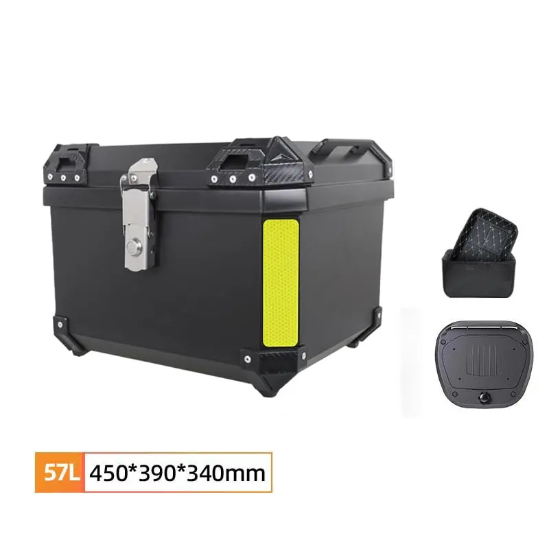 Universal ABS Motorcycle Top Box 45L/57L Waterproof Rear Trunk with Anti-Theft Lock & Premium Leather Lining. Highly Durable Dustproof Luggage Storage Box for Helmet & Travel Gear. The Perfect Case for Scooter Commutes & Touring Bikes.