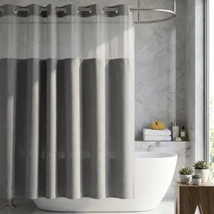 No Hooks Shower Curtain Modern Dark Grey Waterproof Double Layer Fabric with Snap-in Liner & Top Sheer Window 72x75 Inches Light Home Essentials Grey Double Layer Shower Curtain Set