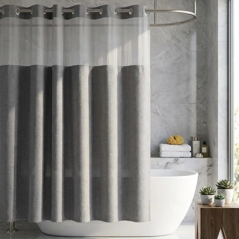 72x75 inches Solid Double-Layer Fabric Shower Curtain Set - Waterproof Straight Waffle Weave, Snap-in Liner, Top Sheer Window, Adjustable Rod Compatible, Non-Slip, Modern Dark Grey, Water Draining, Hanging Pouch Included Bathroom Home Accessory