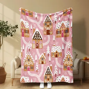 Gingerbread House Pattern Blanket, 1 Count Soft Comfortable Throw Blanket, Comfy Bedding For Home Office Travel CampingGift For Men & Women, Gift For Kids, Christmas Gift, Halloween Gift