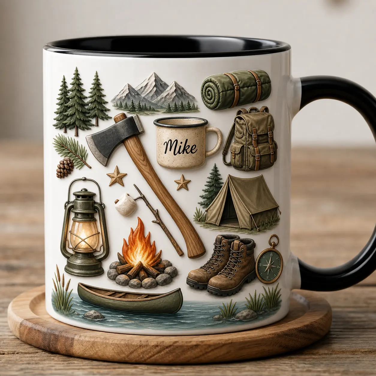 Personalized Camping Mug 2D Printed 3D Effect, Custom Name Ceramic Coffee Cup with Campfire Tent Axe Canoe Design, Gift for Camper Hiker Men
