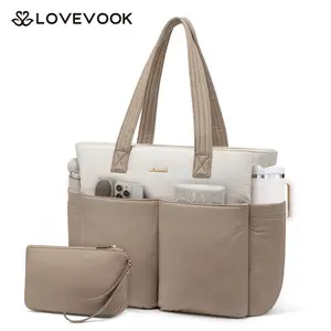 LOVEVOOK Puffer Tote Laptop Bag for Women, Lightweight Work Handbag Two-Piece Set, Stylish Colorblock Travel Bag, Multi-Pocket Large Shoulder Bag,23L Large Capacity,Washable Polyester Material,Suitable for Daily Use by Teachers,Nurses,and Students