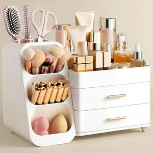 Large All-White Plastic Makeup Organizer with Brush Holder for Vanity and Bathroom Countertop Ideal for Skin Care Storage and Storing Lipsticks Nail Polishes Perfumes Eyeshadow Palettes