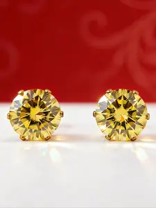 1pair 0.5 Carat Golden Stainless Steel Six-Prong Crown Yellow Synthetic Moissanite Stud Earrings, This Exquisite Jewelry Is Perfect for Wedding Season, Anniversaries, The Perfect Choice for Lady Daily Dressing Up