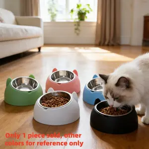 Stainless Steel Elevated Cat Bowl, 2-In-1 Incline Feeding & Water Dish, Cute Ear Stand, Neck Protection Design, Pet Feeder, Stainless Steel Bowls