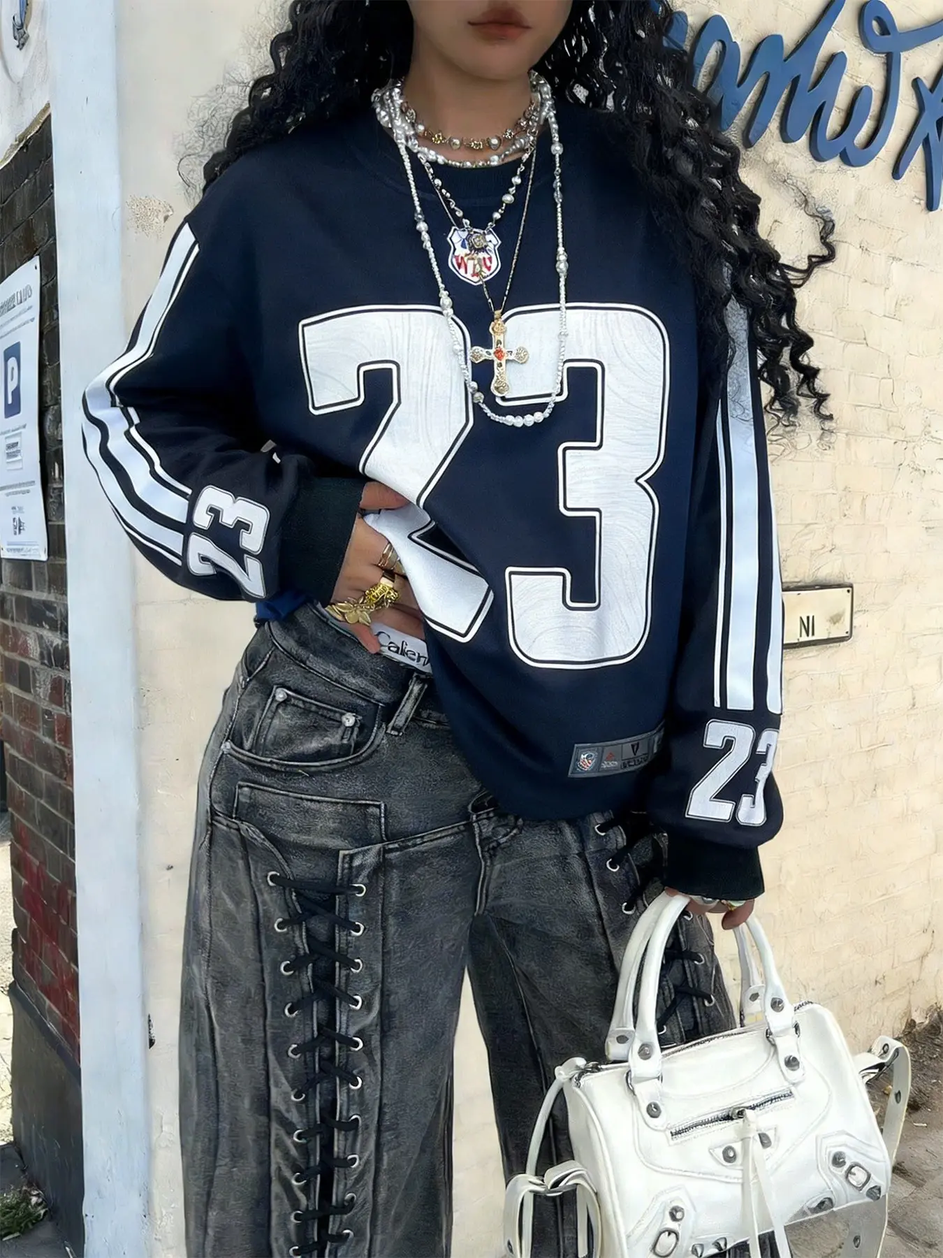 Deep Blue Loose Fit Baggy Oversized Round Neck Long Sleeve Sporty Sweater, Sweatshirts, Sleeve Stripes & Number 23 Print, Street Style Vibe Casual Wear, Womenswear, Piece