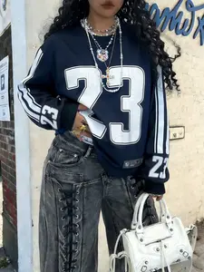 Deep Blue Loose Fit Round Neck Sporty Sweater, Sleeve Stripes & Number 23 Print, Street Style Vibe Casual Wear, Womenswear