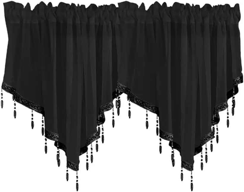 2-Panel Sheer Fabric Beaded Trim Country Look Rod Pocket Ascot Curtain Drapes, Window Covering for Small Window Living Room Farmhouse, Black