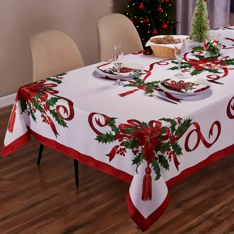 Christmas Ribbon Floral Pattern Tablecloth - Washable Rectangular Table Cover, Holiday Party Decoration, Suitable for Home Kitchen, Indoor and Outdoor Use, Great Gift