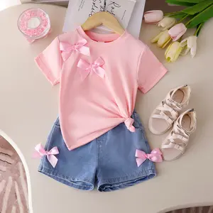 Cute Y2K Style Pink T-shirt+denim Shorts Set, 2pcs Of Girls' Denim Clothing with Bow Design, Suitable for Outdoor Daily Travel Outfit, Perfect for Outdoor