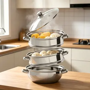 3-Tier Round Stainless Steel Steamer Cookware, 12.8 in Large Capacity Kitchenware with Transparent Glass Cover, Handles, Induction Compatibility, Fast Heating, Dishwasher Safety for Home Kitchen Gas/Electric Ceramic Stovetops Vegetable Cooking