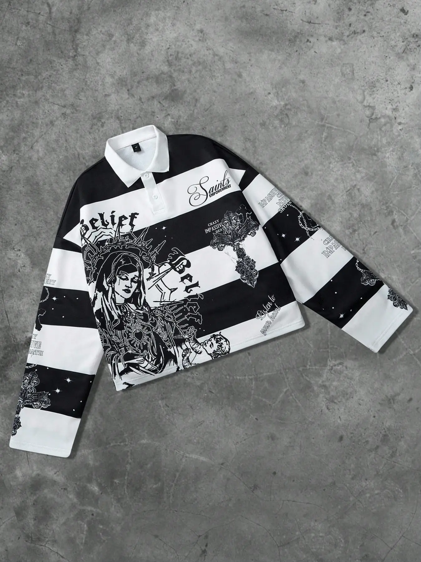 Street fashion printed striped polo collar long sleeved T-shirt for men, casual black and white striped T-shirt from European and American fashion brands, Casual Fashion Comfy, Casual Graphic Design