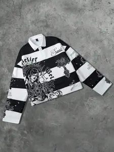 Street fashion printed striped polo collar long sleeved T-shirt for men, casual black and white striped T-shirt from European and American fashion brands, Casual Graphic Design