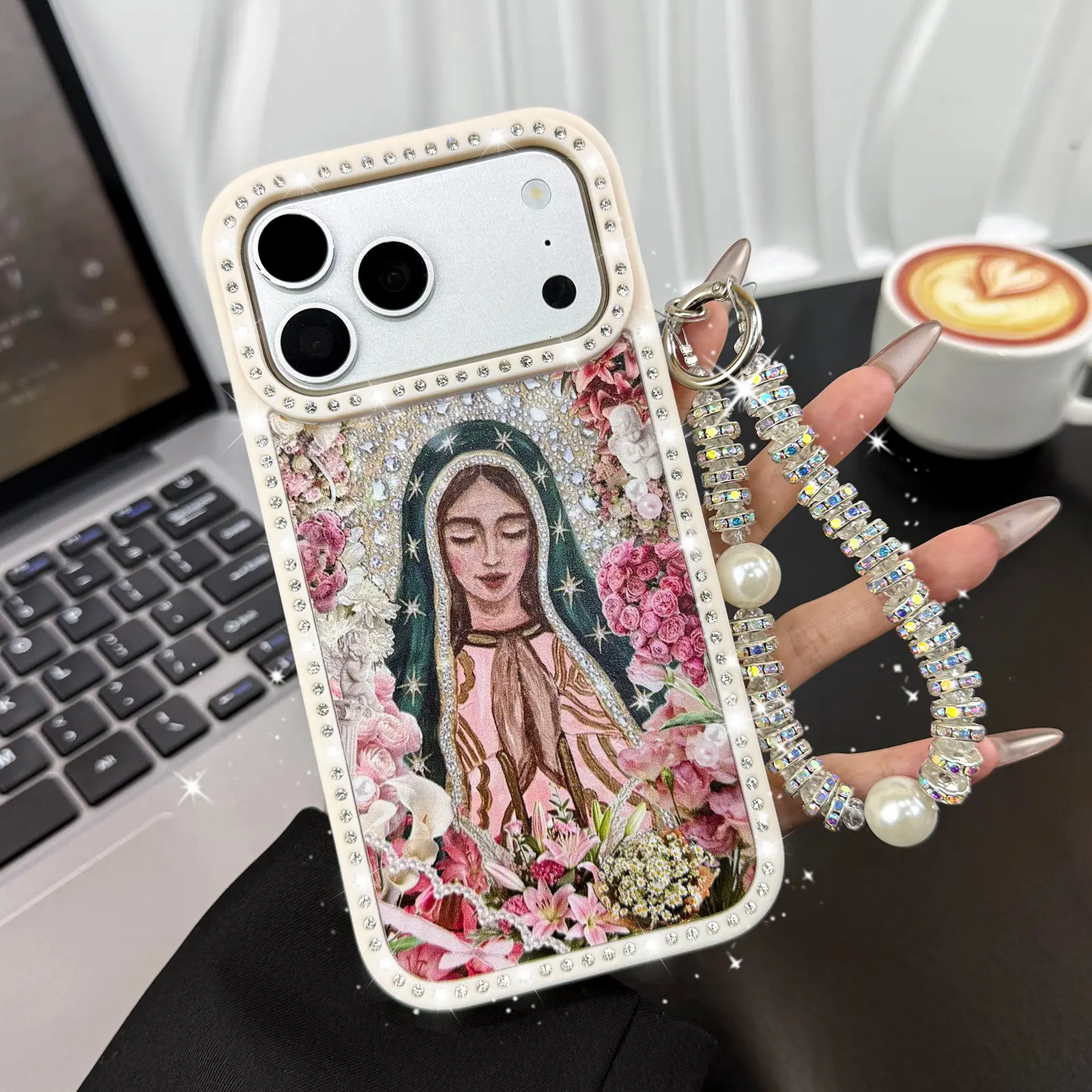Pink Virgin Mary Print Rhinestone Phone Case with Crystal Bracelet / iPhone 17 Pro Max / iPhone 16 Pro Max / iPhone 15 Pro Max / iPhone 14 Pro Max / iPhone 13 Pro Max