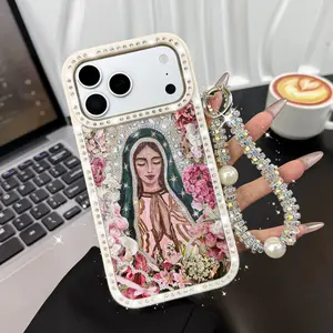 Pink Virgin Mary Rhinestone Case + Pearl Wristlet for iPhone 17 Pro Max 16 15 Plus 14 13 12 Pro 11, Guadalupe Our Lady phone case ,3D Rhinestone Camera Ring, Shockproof Cover ,Unique Religious Art Aesthetic Cute ,Perfect Gift for Her.HY75
