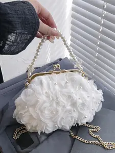 Valentine's Day gift, retro pearl chain bag, Floral embossed handbag, Crossbody shoulder bags, decorated with rose shaped patterns, can accommodate lipstick, cards, suitable for dates, parties, Crossbody Chain Bag
