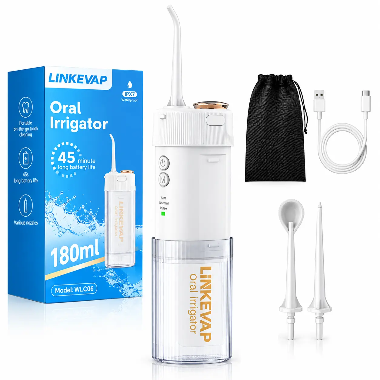 LINKEVAP Cordless Oral Irrigator - Ergonomic Lightweight Cleansing Device with Rechargeable Battery, Adjustable Nozzle, Removable Components for Daily Home & Travel Use