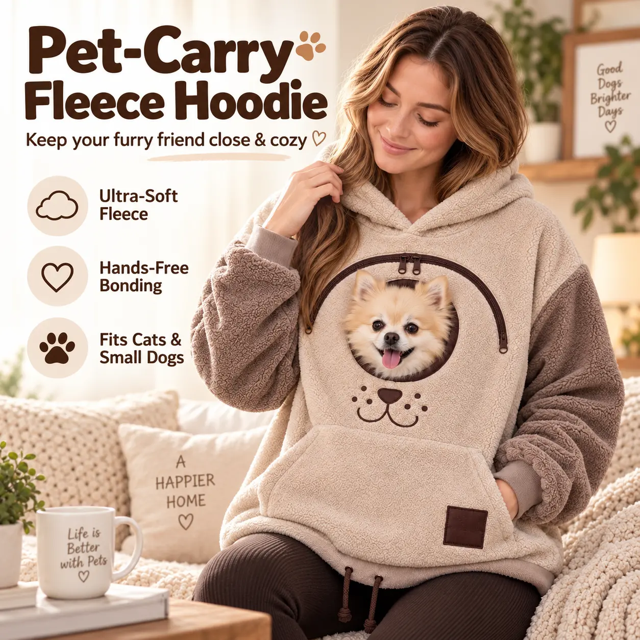 > Pet Carrier Fleece Hoodie, Hands-Free Kangaroo Pocket Pullover for Cats & Small Dogs, Cozy Cuddle Pouch Sweatshirt for Puppy Kitten, Oversized Warm Bonding Top for Fall Winter Walking Travel
