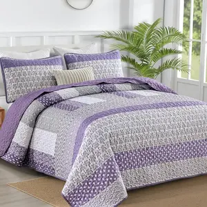 Purple Quilt Queen Size, Bohemian Stripe Quilt Sets 3 Boho Quilted Bedspread Lightweight Microfiber Coverlet (96"x90")