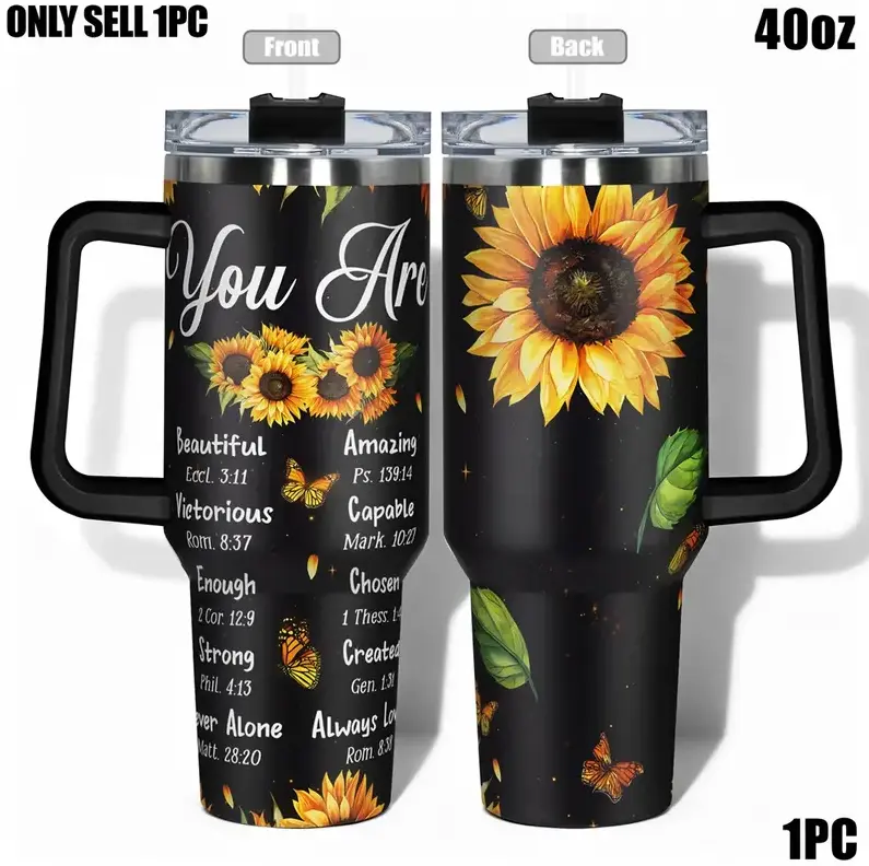 [Gift Box Included] 40oz, 20oz Be A Sunflower Print Stainless Steel Tumbler with Handle and Straw Vacuum Insulated Travel Mug Fits Car Cup Holder Cute Floral Gift for Sunflower Lovers