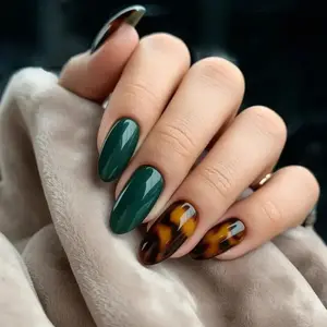Emerald Tortoise Press On Nails | Glossy Dark Green Almond Handmade Nail Set