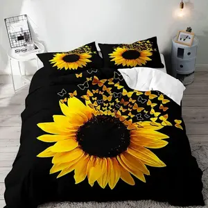 Sunflower Print Bedding Set, 3 Piece Set Includes Fitted Sheet and Pillowcases, Soft and Comfortable Home Bedroom Bed Linen