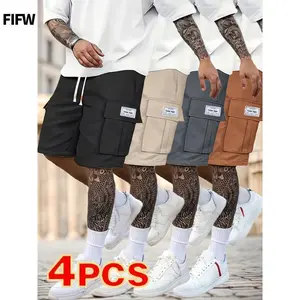 4pcsMen'sCasualCargoShorts-LooseFit,DrawstringWaist,Multi-PocketDesign,PolyesterFabric,SolidColorsBlack,Beige,LightBlue,DarkGrayforSpring&SummerBreathableAthleticJockstrapPackPlusSizeSportsBragymweargreyjoggersGift(Sheets)