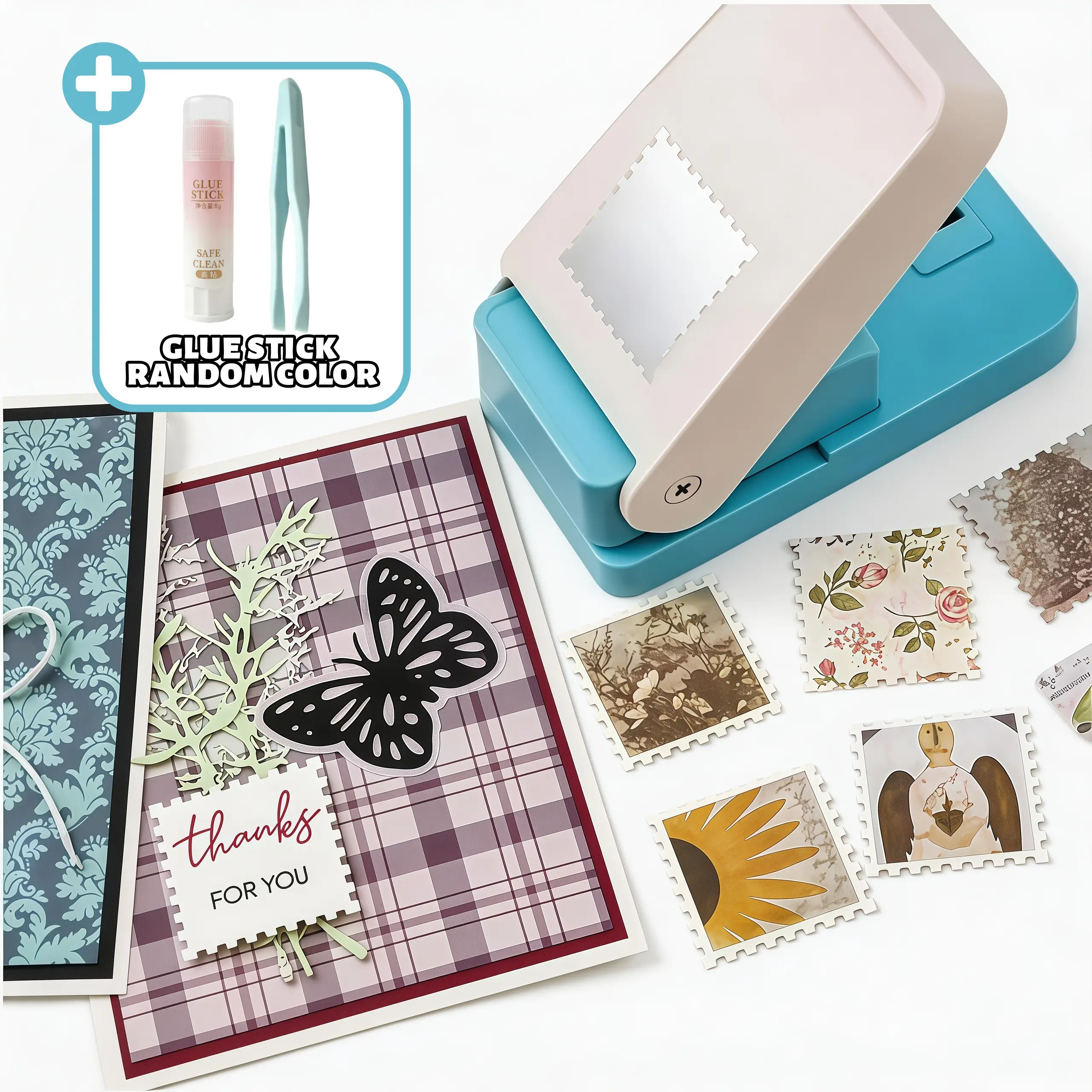 Large Stamp Puncher & Embossing Tool, Stamp-Style Decorative Cutter in M/L Sizes, perfect for handmade books, albums, cards, office supplies and scrapbooking. Free glue stick and tweezers included. #crafttok#crafter,summerwins summerwins