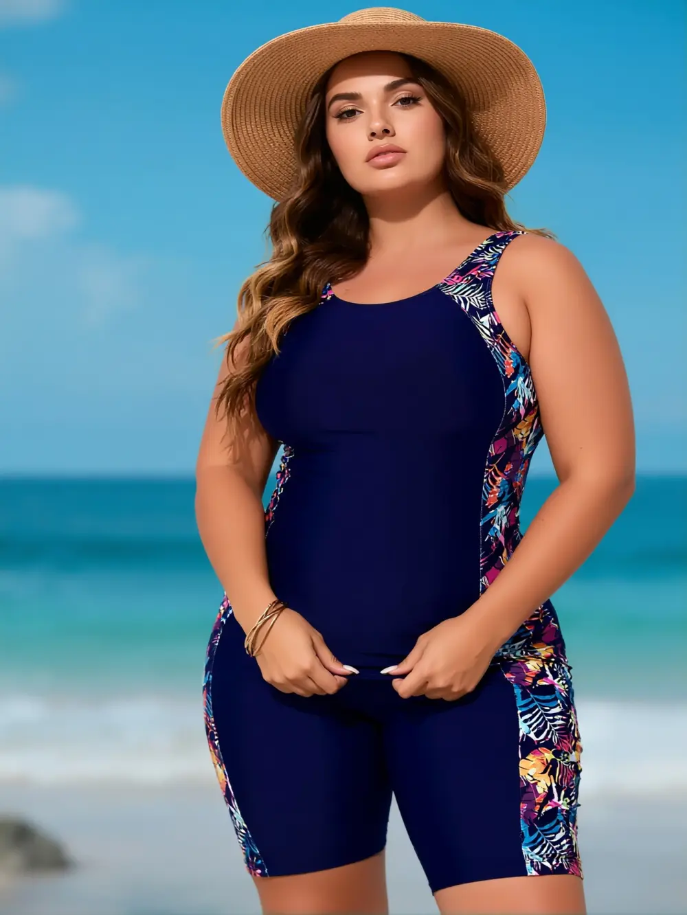 Women's Floral Swimsuit, Plus Size Slimming Tummy Control Halter Monokini with Boyshorts, High Neck Beachwear, Floral Swimsuits, Fashionable Swimsuit