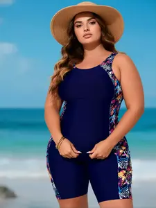 Plus Size Navy Blue One-Piece Swimsuit with Floral Print Sleeves and Shorts for Women Comfortable Stylish Beachwear Elegant Look beach vacation wear summer Tankini Tummy Control Halter Metal Decor Monokini