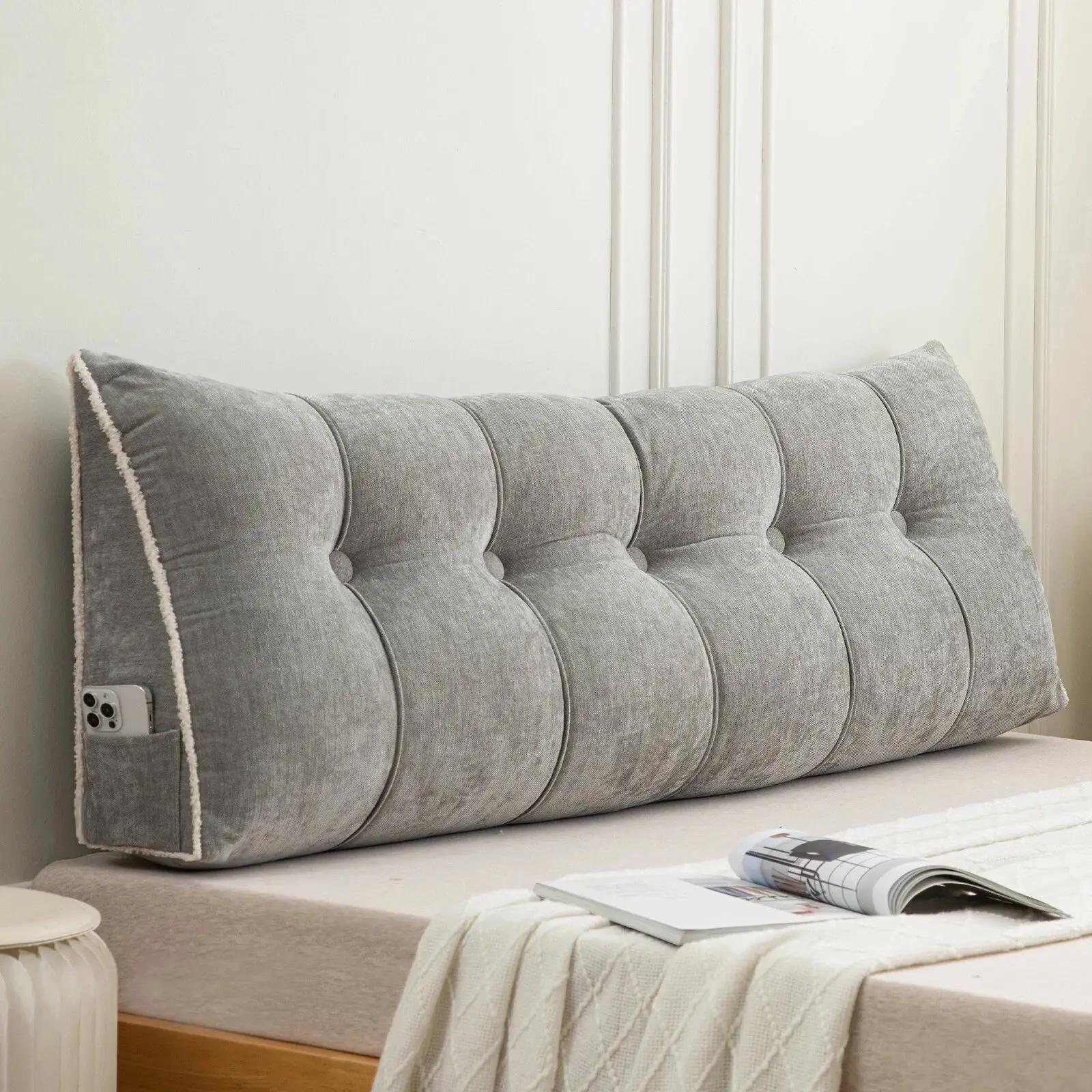 Chenille Fabric Wedge Pillow - Soft Polyester Large Dorm Bed Bolster Cushion with Backrest Support, Bed Accessories