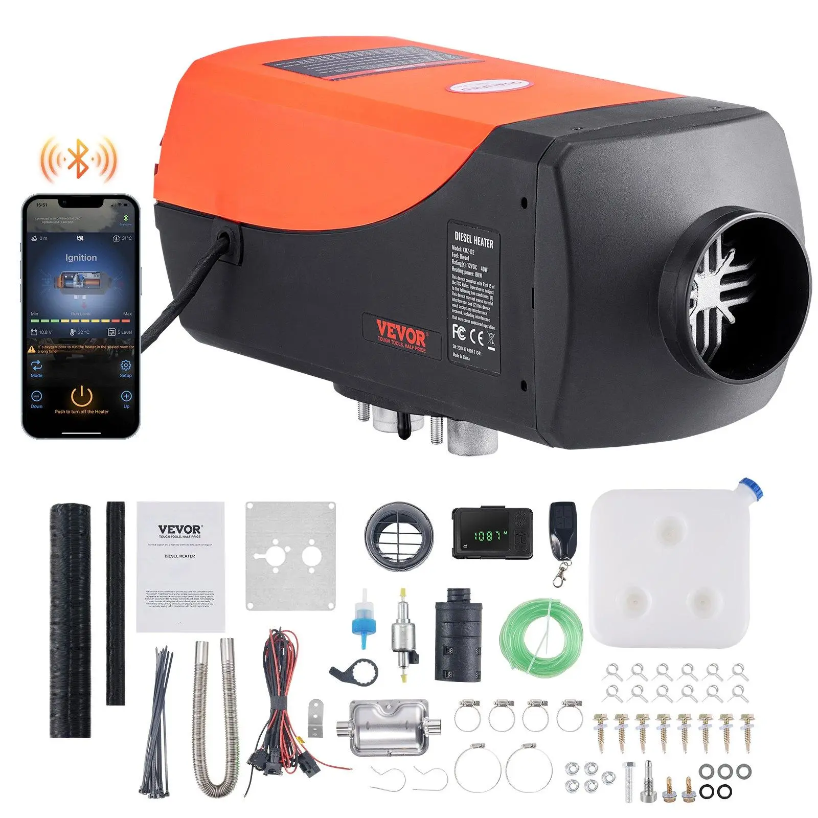 【summerfinds】VEVOR Diesel Air Heater, 12V 8KW Separated Portable Parking Heater with Bluetooth App and LCD, Automatic Altitude Adjustment Max 18045 ft, Fast Heating Low Noise, Diesel Heater for Truck RV Trailer Camper Van Boat and Indoors