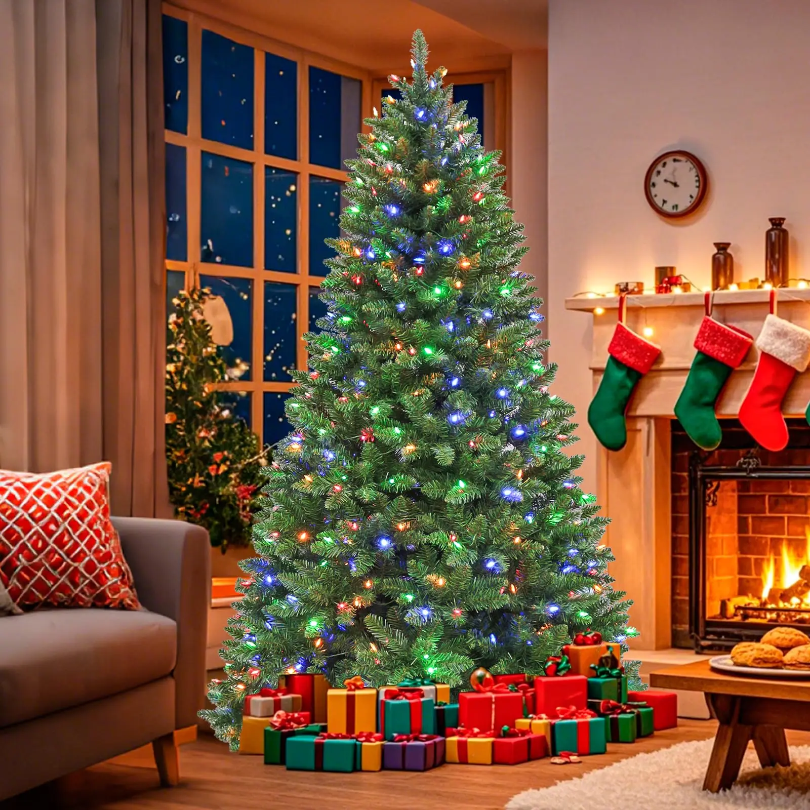 6/7.5ft High-End Pre-Lighted Artificial Christmas Tree – Multi-Color LED (250/450), Flame Retardant PVC Tip (1032/1450), 10 Modes, Hinge Settings, Foot Pedal and Metal Stand Room Decoration Decoration Ornaments Room