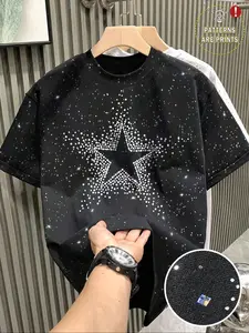Men's Star Pattern Print Short Sleeve T-Shirt, Vintage Round Neck, Polka Dot Design, Comfortable Casual Streetwear, Daily Wear