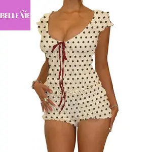 Women 2-Piece Ruffled Loungewear Set Scoop Neck Short Sleeve Bow Tops Smocked Shorts Dot Point Pajamas Outfits