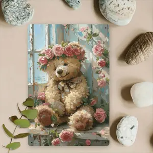 Vintage Floral Teddy Bear Wall Art with Iron Tin Sign Decorative Plaque for Living Room Bedroom and Porch