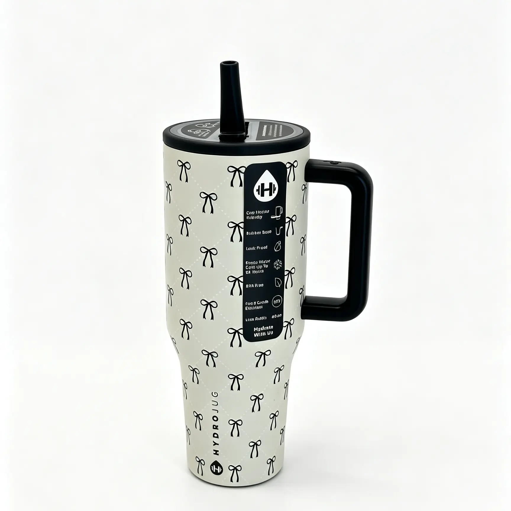 HydroJug Traveler 40oz Black Bow Print Insulated Tumbler, Black Handle Flip Straw Lid Stainless Steel Water Cup